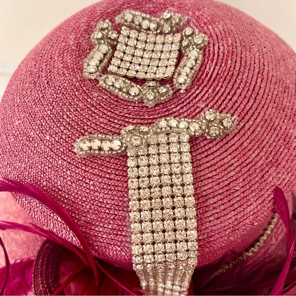 NWT CORTI Italy‎ Wide Brim Rhinestone Feather Church Wedding Formal Hat Pink Vtg